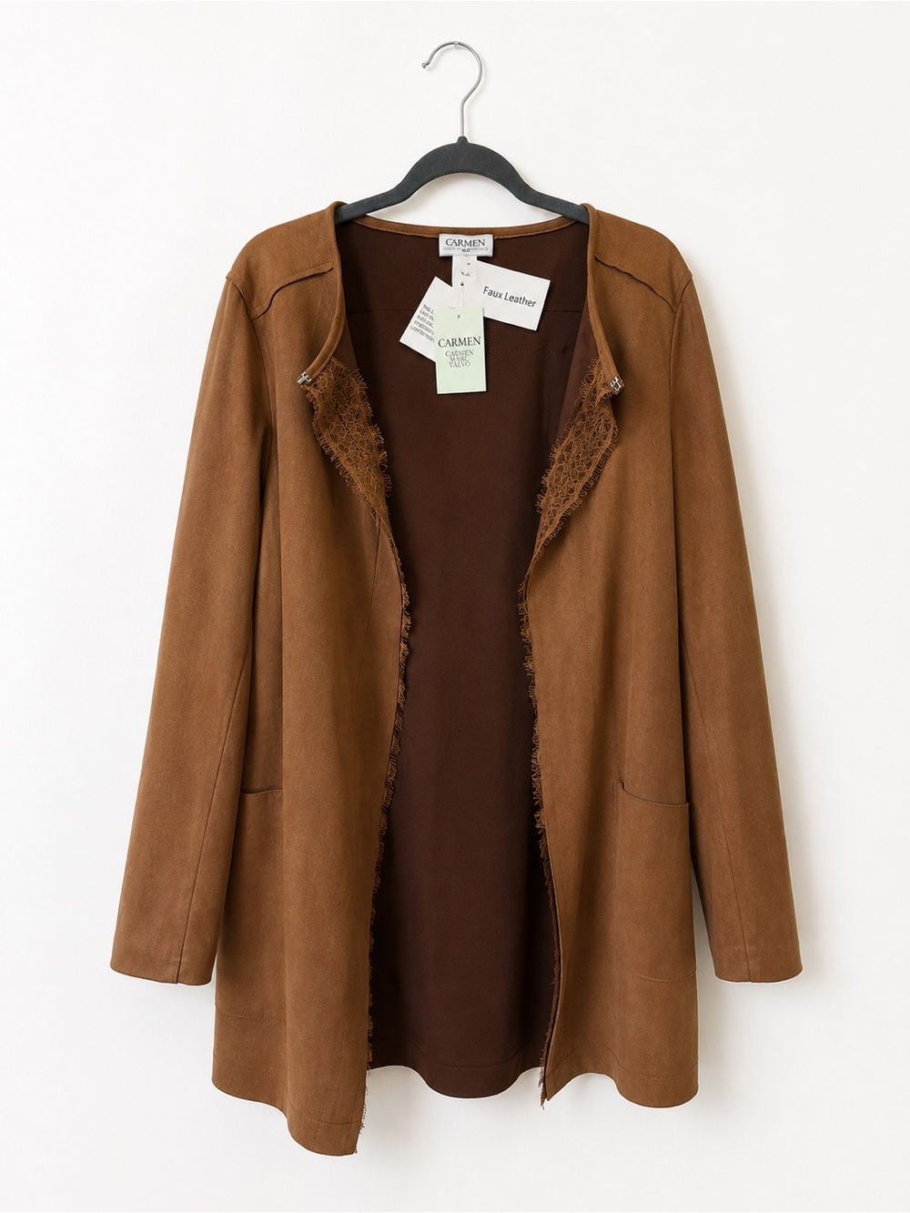 Carmen Marc Valvo Cognac Brown Faux Leather Jacket with Lace Trim